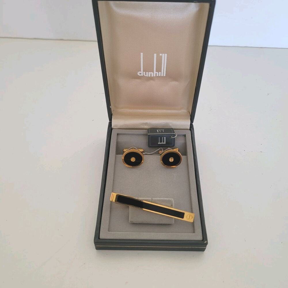 Dunhill Vintage Round Cufflinks Tie Clasp Clip Bar Set Black Onyx Gold Logo Box